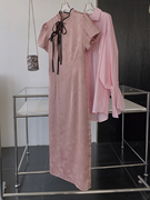 中式宫廷风立领短袖连衣裙，粉色印花淑女气质中长裙，时尚休闲洋气