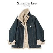 XinmonLee韩版百搭机车牛仔加绒外套女冬季2023加厚夹克棉服