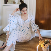 韩国公主风睡衣女春秋，款纯棉长袖，2024宫廷碎花方领家居服套装