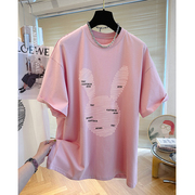 粉色大码中长款纯棉短袖，t恤女半袖五分袖夏季宽松上衣体恤潮