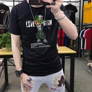 夏季时尚男士短袖t恤宽松圆领2024潮牌大码韩版卡通半袖上衣