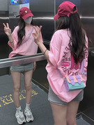 中长款粉色短袖t恤女夏季设计感小众字母，印花韩版宽松体恤衫