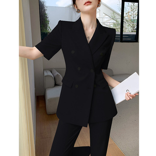 黑色夏天西装套装女2024高级感小个子薄款短袖阔腿裤休闲西服