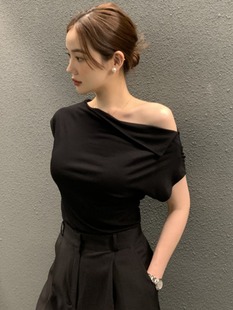 韩国chic夏季减龄复古小众简约气质时尚设计感显瘦斜肩短袖T恤女
