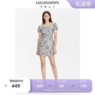 lulualways我爱露露夏季方(夏季方)领时尚，休闲复古宫廷风短袖连衣裙