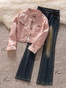 港风复古套装美式设计感短款粉色，机车皮衣外套，女微喇牛仔裤三件套