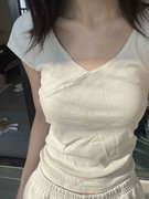 短袖t恤女式夏季宽松显瘦韩版v领简约打底衫，基础款上衣情侣装