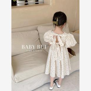 巴拉巴柆韩系女童2023韩版洋气圆点露背连衣裙夏装宝宝泡泡袖