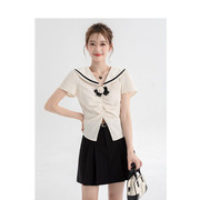 日本sly2024海军风短袖衬衫，女夏季蝴蝶结，气质娃娃领上衣