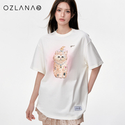 OZLANA印花纯棉T恤女夏季2024猫咪印花简约设计百搭休闲短袖
