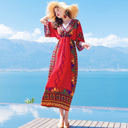 泰国民族风沙滩裙女夏海边(夏海边)度假波西米亚长裙大码显瘦连衣裙海滩裙