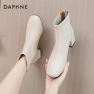 达芙妮高跟马丁靴女春秋白色短靴2022女鞋法式方头瘦瘦靴子女