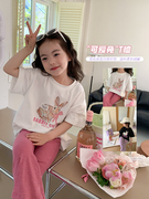 女童可爱小兔子卡通短袖上衣儿童休闲韩版T恤2023夏季打底衫