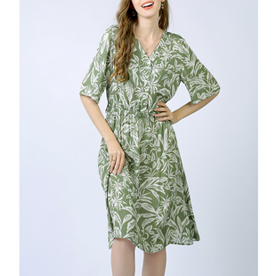 夏装大码女装高端好棉绸，v领绿色a字，长裙连衣裙2024年人造绵绸