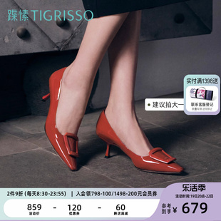 红唇蹀愫新中式单鞋方扣中跟尖头红色小猫跟高跟鞋TA43587-11