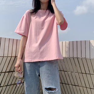 简约粉色t恤女宽松学生韩版夏季纯棉，原宿风纯色内搭短袖体恤上衣