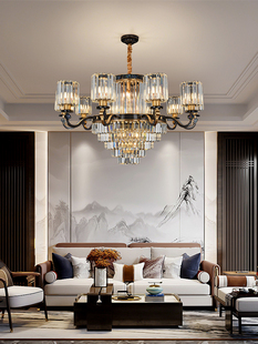 新中式客厅大吊灯全铜大气，别墅复式楼餐厅水晶灯具，中国风大厅铜灯