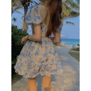 地球店蓝色玫瑰烫金连衣裙女夏季收腰显瘦两穿裙子