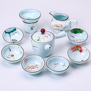 景德镇手绘青瓷功夫茶具整套简约现代家用荷花茶壶茶杯茶具套装
