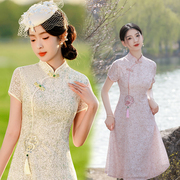粉色蕾丝旗袍年轻款少女新中式国风，改良a版中长连衣裙夏季中国风
