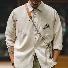 工装美式复古长袖衬衫印第安图腾拼接口袋叠穿衬衣米白色男寸