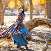 理想三旬女装秋冬西藏青海旅拍民族，风蓝色大裙摆蛋糕牛仔半身裙