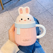 可爱兔子杯子带盖带勺子，创意马克杯女生陶瓷水杯家用办公室咖啡杯