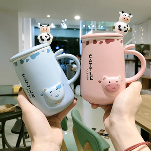 韩式可爱卡通超萌男女学生陶瓷，马克杯家用上学喝水牛奶咖啡杯带盖