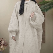 2023冬季夹棉加厚蝙蝠袖棉衣外套宽松中长款保暖菱形格棉袄女