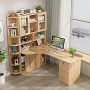 实木转角书桌书架组合一体儿童，学习写字桌家用卧室，台式办公电脑桌