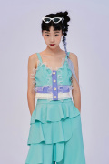 YUNKIXU原创设计紫绿撞色气质少女甜美马卡龙荷叶边装饰吊带背心