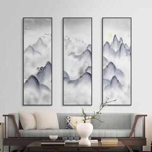 新中式客厅沙发背景墙装饰画三联画竖版茶室走廊过道挂画山水画