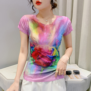 夏季女装韩版洋气百搭修身打底衫上衣短袖圆领时尚玫瑰花T恤