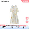 拉夏贝尔/La Chapelle夏季七分泡泡袖v领收腰法式连衣裙子长裙女