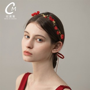 中式红花新娘结婚发带头饰 女式超仙红色发箍 晚宴年会礼服配饰