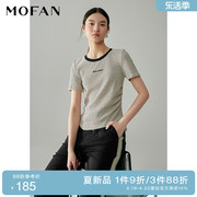 mofan摩凡撞色圆领细条纹t恤女2024夏百搭刺绣，设计感修身上衣