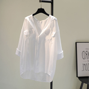 衬衫女2023年洋气时尚双口袋设计感白色衬衣连帽宽松防晒服夏