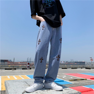 特大码300斤男春秋款欧美hiphop高街裤子十字架美式街头阔腿长裤2