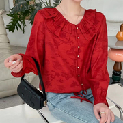 红色衬衫女春秋设计感小众法式独特别致洋气减龄长袖上衣