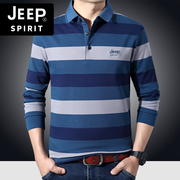 jeep吉普纯棉长袖t恤男条纹，2022中年男士，polo衫宽松秋装体恤上衣