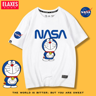 欧美潮牌NASA联名哆啦A梦短袖T恤女洋气设计感纯棉宽松情侣装