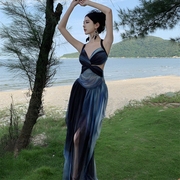 法式高级设计感蓝色系海洋度假风印花露背挂脖，连衣裙波西米亚长裙