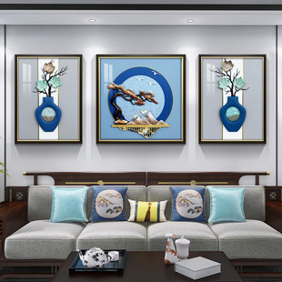 三联轻奢客厅实物画现代简约3d立体浮雕新中式花瓶平步青云装饰画