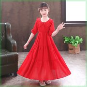 女童红色长裙连衣裙2024短袖裙子夏季公主裙儿童小女孩轻薄裙