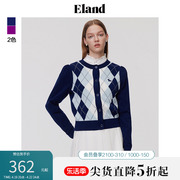 eland衣恋针织开衫圆领短款格纹，修身复古学院风毛衣春秋款