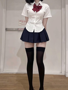 辣妹收腰短袖衬衫女日系jk制服，正肩白色衬衣修身显瘦绑带上衣夏季