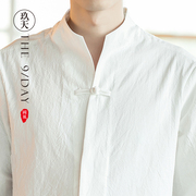 中国风秋季男复古立领亚麻衬衫，上衣中式唐装棉麻茶服白色盘扣衬衣