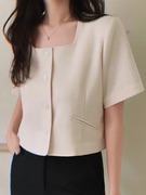 韩国chic夏季减龄复古气质名媛，小香风方领短款外套女短袖衬衫上衣