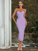 紫色轻奢气质抹胸绷带连衣裙性感小众高端拼条修身宴会晚礼服长裙