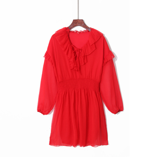 夏季女士红色雪纺长袖，v领连衣裙大翻领，荷叶边蝴蝶结弹力收腰裙子